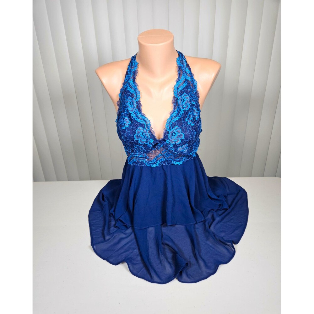 Cinema Etoile Seductivewear Tiered Babydoll Lingerie Dress Blue Silver Lace S